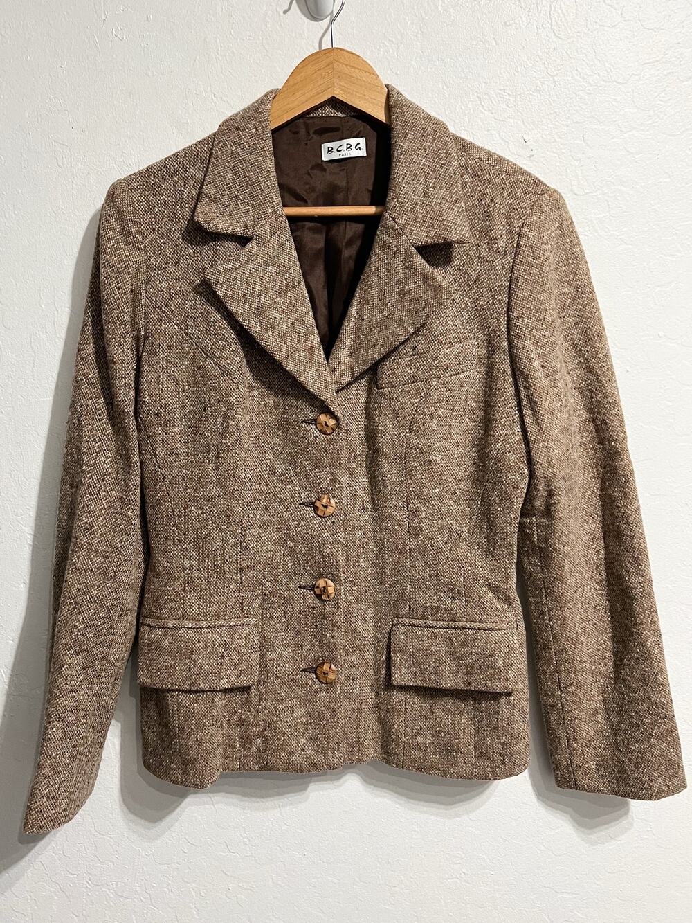 BCBG Paris Blazer Sz 4 Jacket Brown Tweed 90s Y2K Academia Office Wool Blend